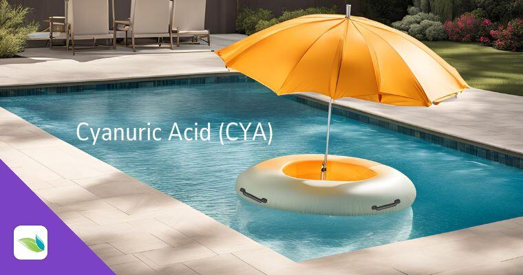 cyanuric acid in swimming pool, like a umbrella floating in the pool with three handles for chlorine to hold onto and stay protected from the sun