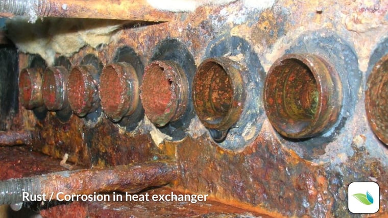 Rust corrosion inside a heat exchanger. Swimming pool corrosion