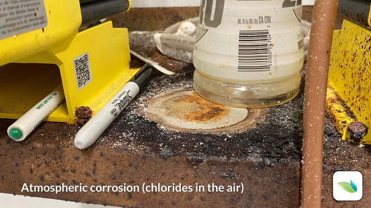 atmospheric corrosion in swimming pool chemical room, muriatic acid fumes and chlorides in the air destroy stainless steel, chloramine corrosion