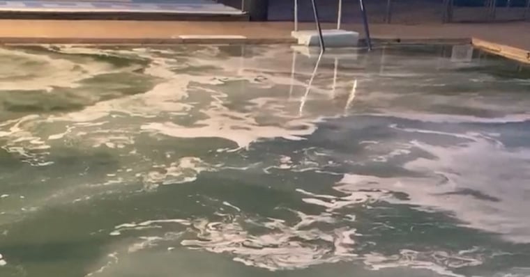 cloudy commercial pool during an enzyme purge with CV-600- Bubbles all over the surface of the water