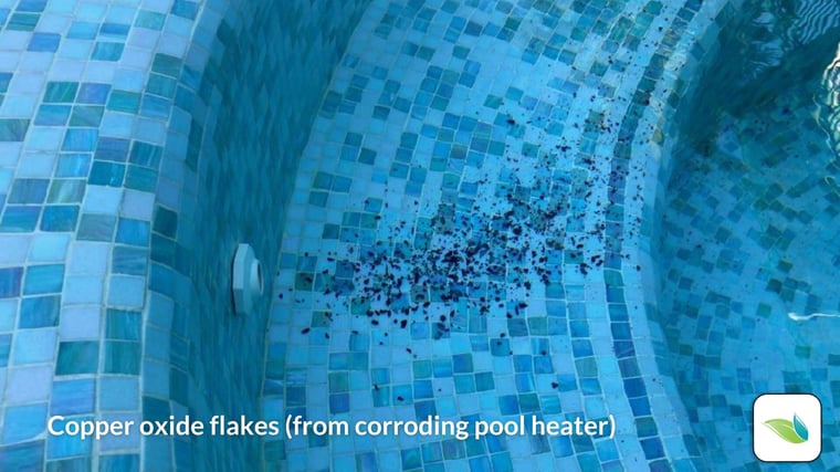 black flakes in pool, copper oxide flakes from galvanic corrosion, salt pool stray current