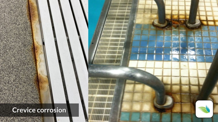 crevice corrosion on a swimming pool gutter and ladder. Stagnant chlorinated water corrodes brass and stainless steel over time.