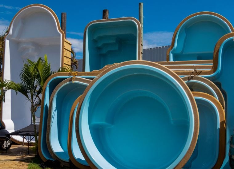 fiberglass swimming pools on display, fiberglass gel coat colors