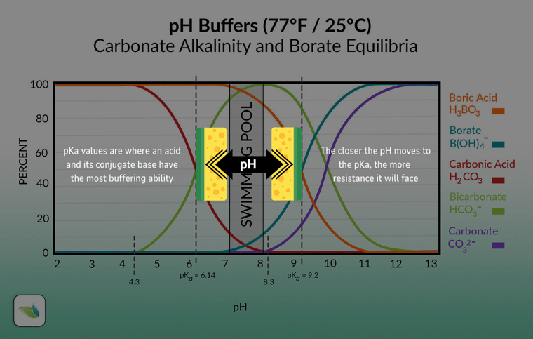 pKa value, pH buffering with alkalinity in a swimming pool. Acid and conjugate base, orenda pool chemistry education