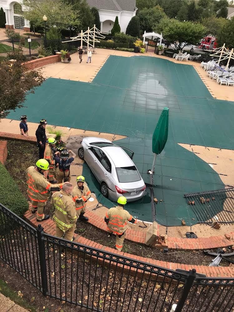 pool safety cover, car crash into pool, car in pool, car on pool cover