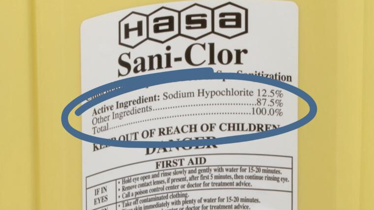 HASA sani-chlor label, showing sodium hypochlorite 12.5%, liquid chlorine product percentage