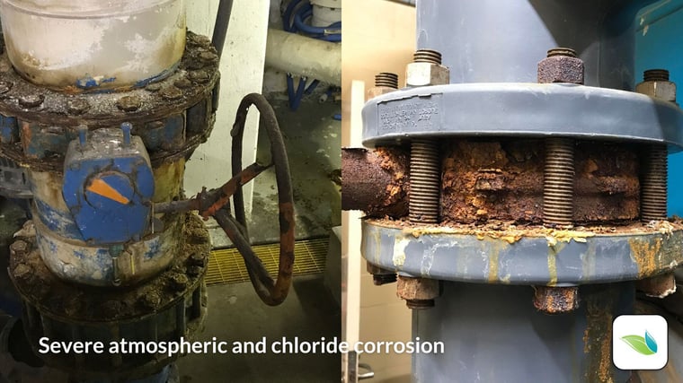 severe pool pump room corrosion, chloride corrosion, acid fumes, and possible galvanic corrosion from dissimilar metals touching one another.