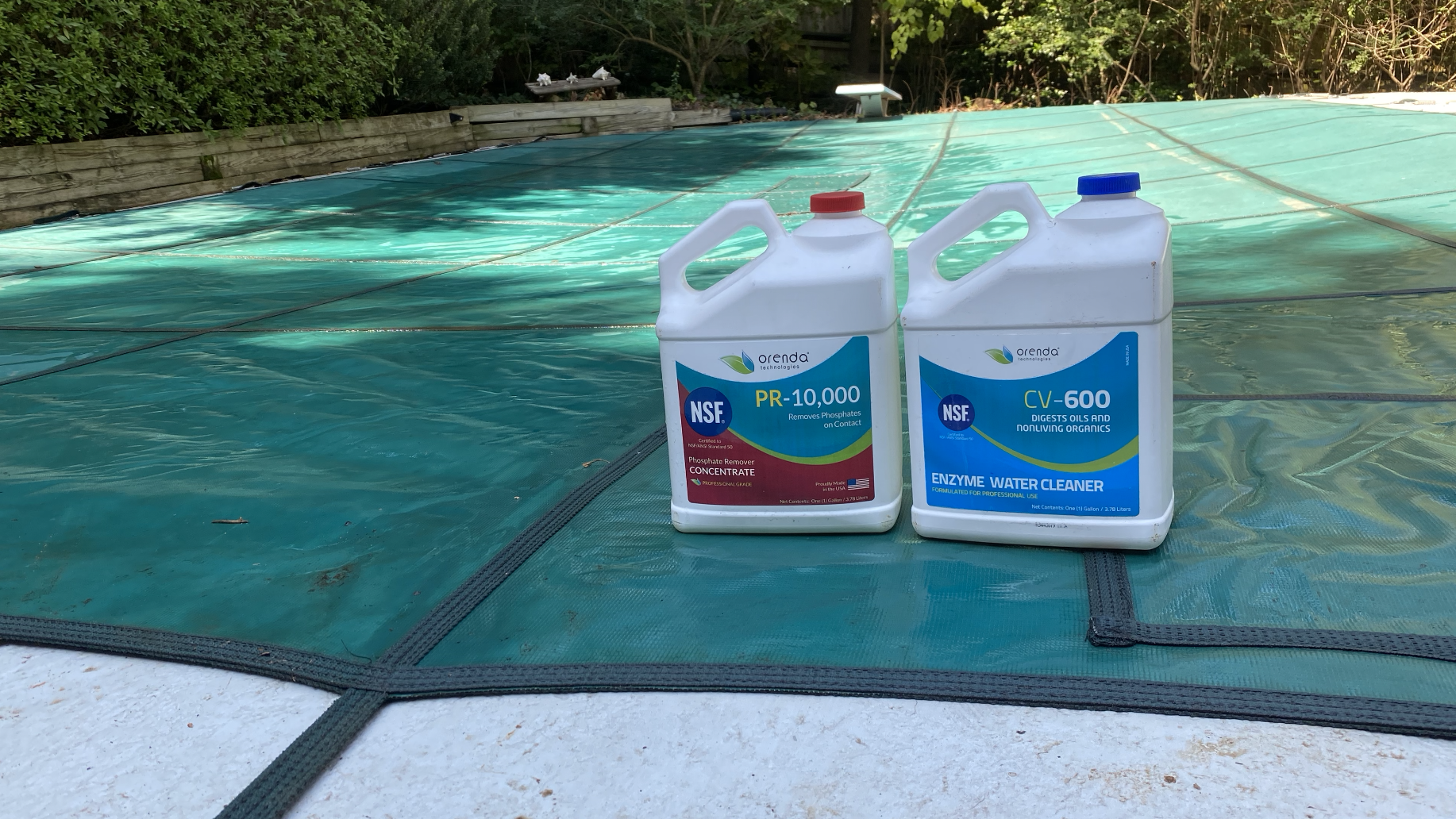 solid pool safety cover with orenda products, pool winterization cover, orenda winterizing kit