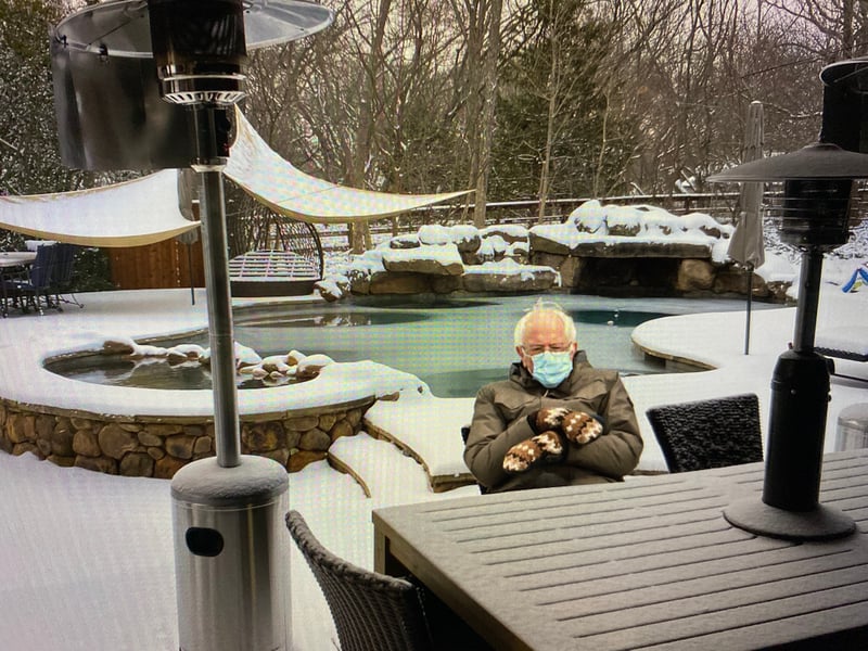 texas freeze, frozen pool, cold bernie sitting by frozen pool